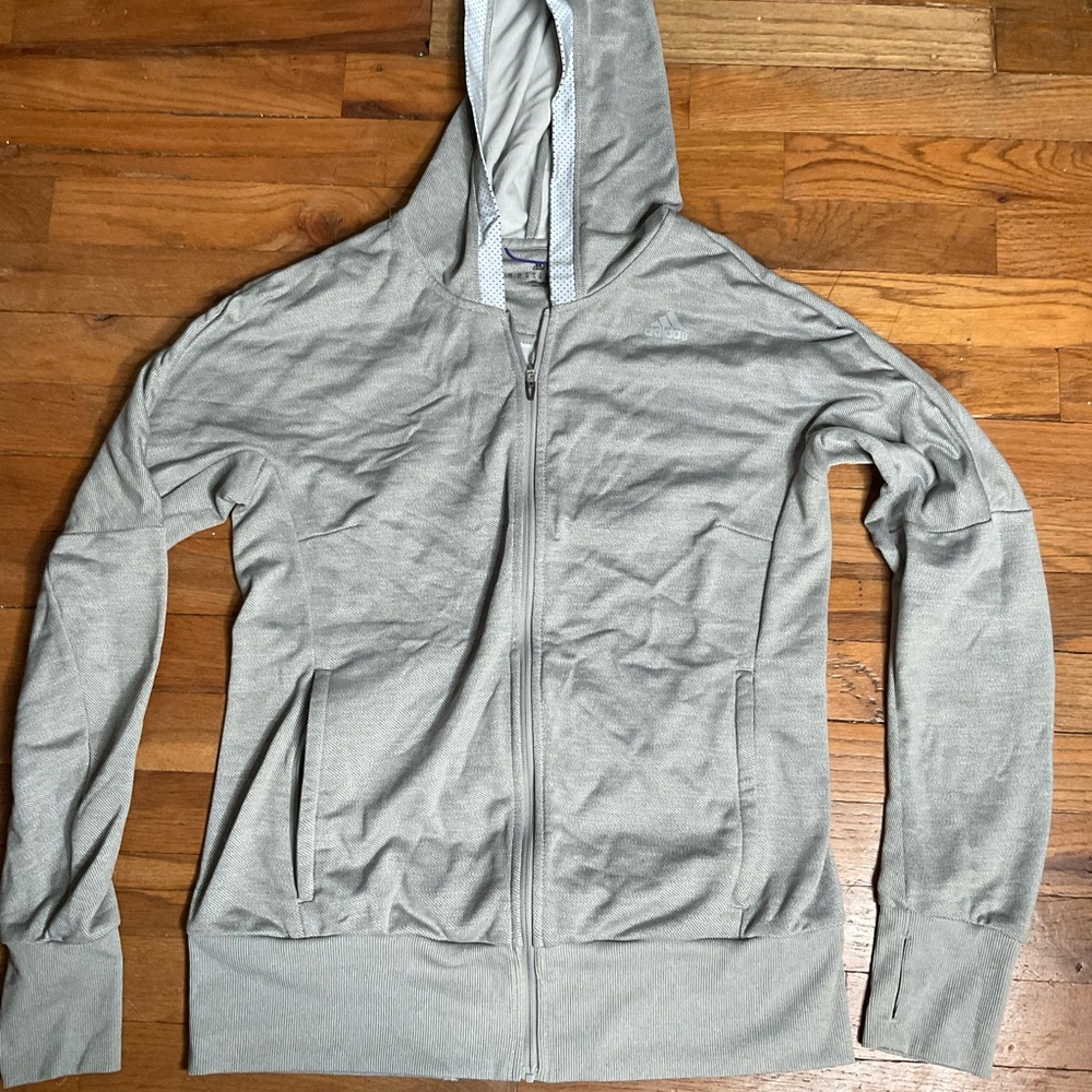 Adidas Zip-Up Hooded Sweatshirt, Gray w/ reflective stripe around hood, Medium